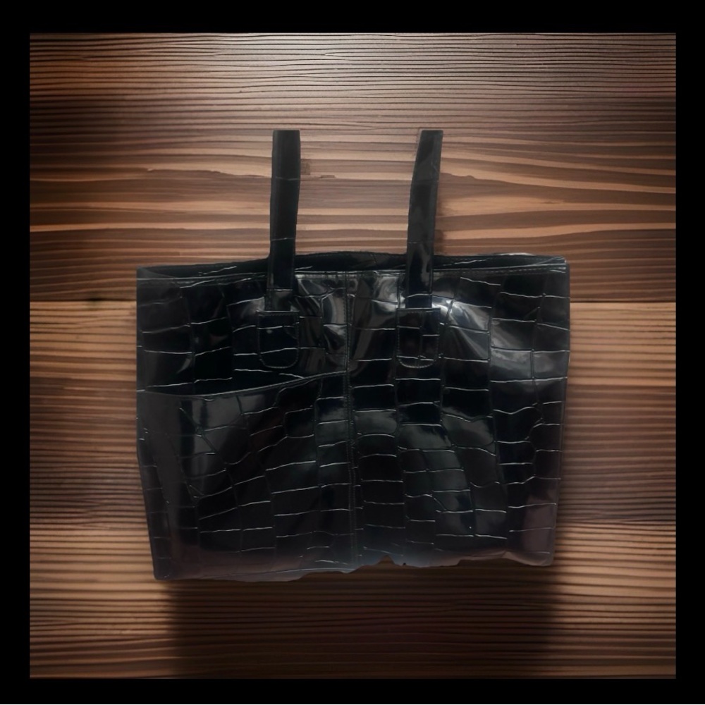 Croc-Embossed Black Leather Tote Bag